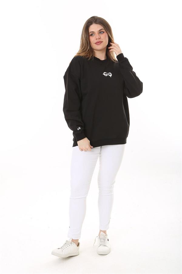 Kadın Büyük Beden Siyah Pamuk Kumaş Arka Baskılı Sweatshirt 65N37618