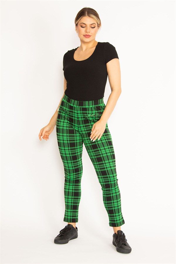 Kadın Kırmızı Ekose Desenli Süs Fermuar Cepli Tayt 65N34640