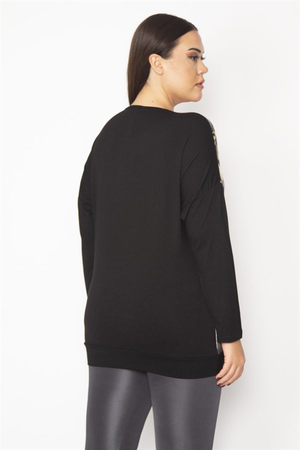 Kadın Siyah Kedi Figürlü Baskı Ve Taş Detaylı İki Renkli Tunik 65N29344