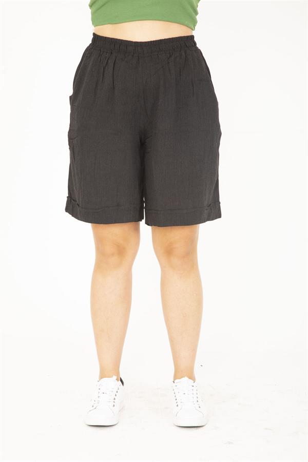 Kadın Büyük Beden Antrasit Dokuma Viskon Kumaş Beli Lastikli Şort 65N36801