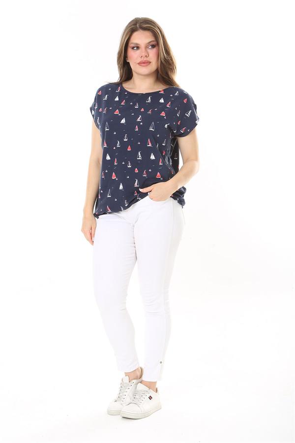 Kadın Büyük Beden Lacivert Pamuk Kumaş Etek Ucu Lastikli Düşük Kollu Bluz 65N37895