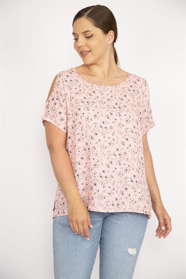 Kadın Pembe Büyük Beden Dokuma Viskon Kumaş Omuz Dekolteli Çiçek Desenli Bluz