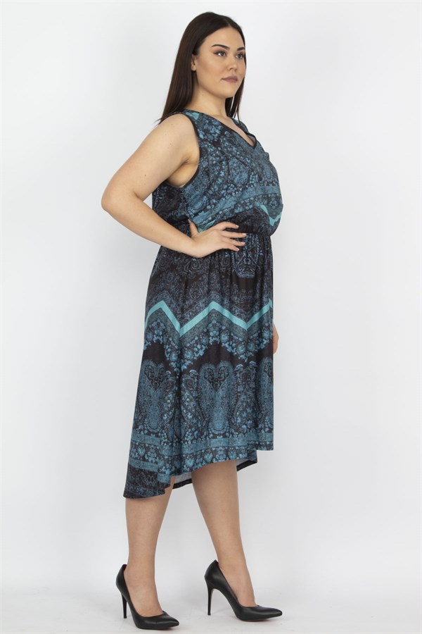 Kadın Petrol Arka Robası Dantel Bel Kısmı Lastikli Elbise 65N27924