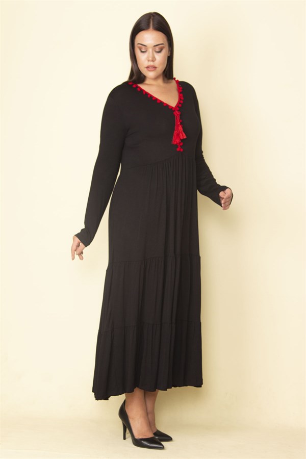 Kadın Kırmızı Yaka Detaylı Belden Büzgülü Katlı Uzun Elbise 65N28082