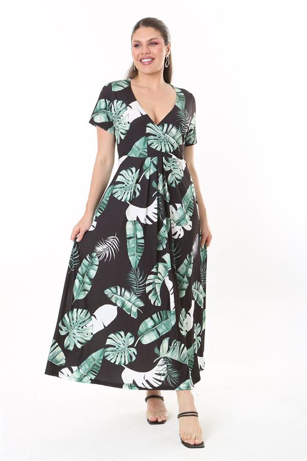 Kadın Büyük Beden Yeşil Anvelop Yakalı Uzun Elbise 65N37735