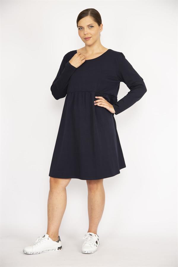 Kadın Büyük Beden Lacivert Bisiklet Yakalı Belden Büzgülü Uzun Kollu Tunik Elbise