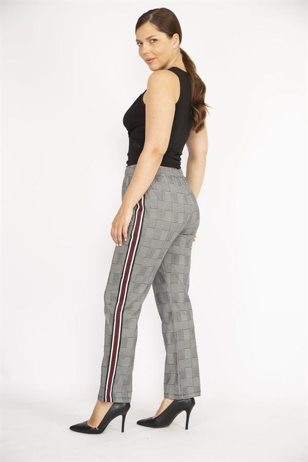Kadın Gri Büyük Beden Ekose Desenli Beli Lastik Ve Yan Şerit Detaylı Pantolon