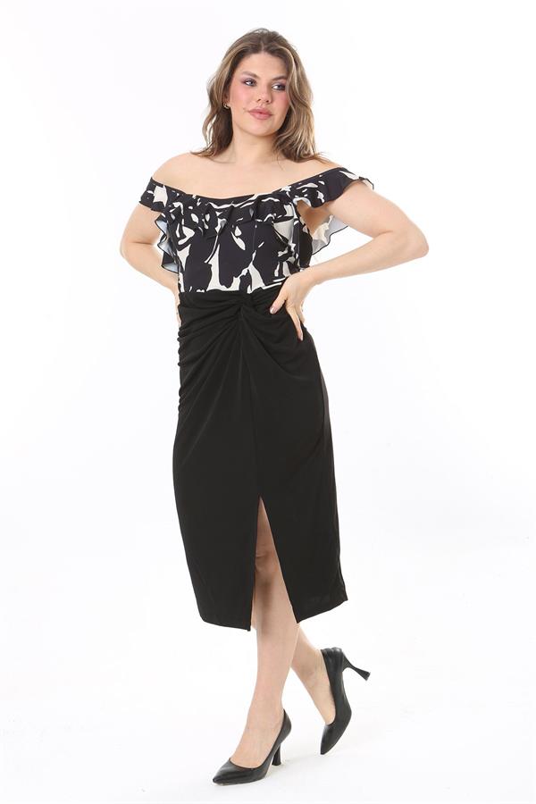 Kadın Büyük Beden Siyah Ön Yırtmaçlı Elbise 65N37989