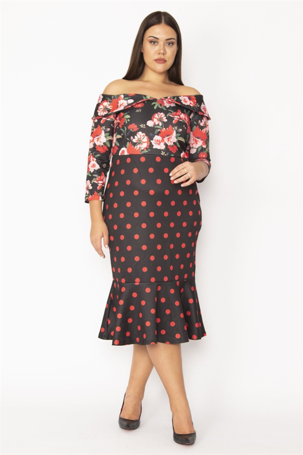 KADIN SİYAH YAKA DETAYLI KAPRİ KOLLU ETEK UCU VOLANLI ELBİSE