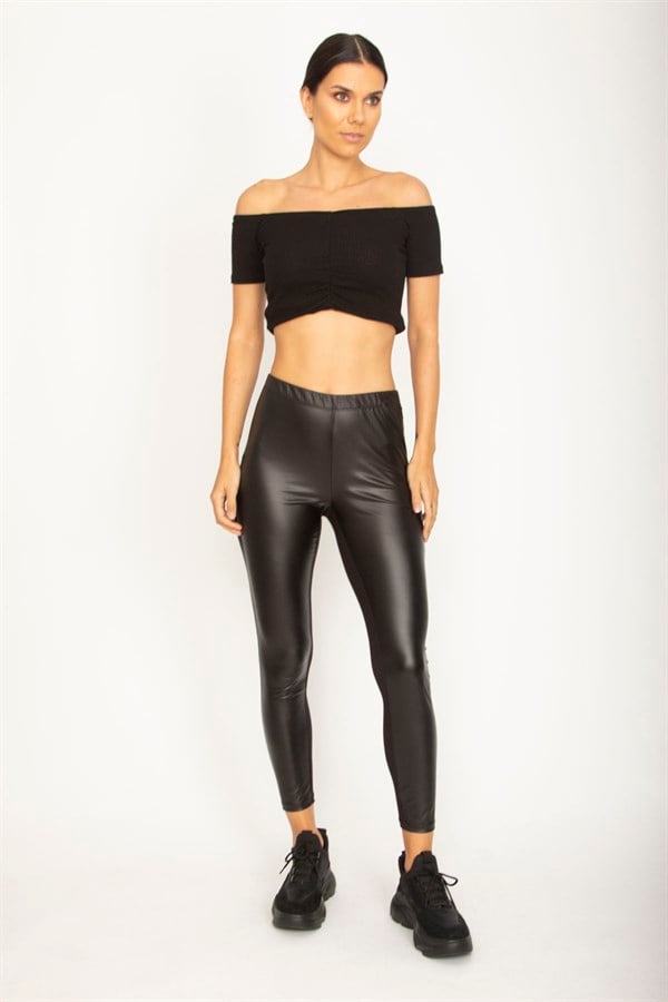 WOMEN'S BLACK FRONT ARTIFICIAL LEATHER COATING, BACK VISCOSE FABRIC LEGGINGS TROUSERS