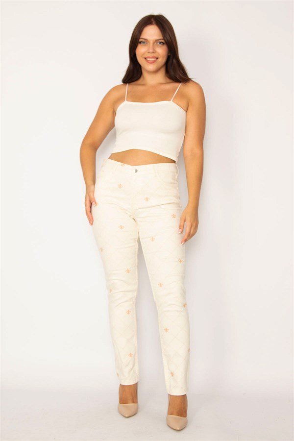 Kadın Bej Ekose Baskılı Likralı 5 Cepli Kot Pantolon 26A34151