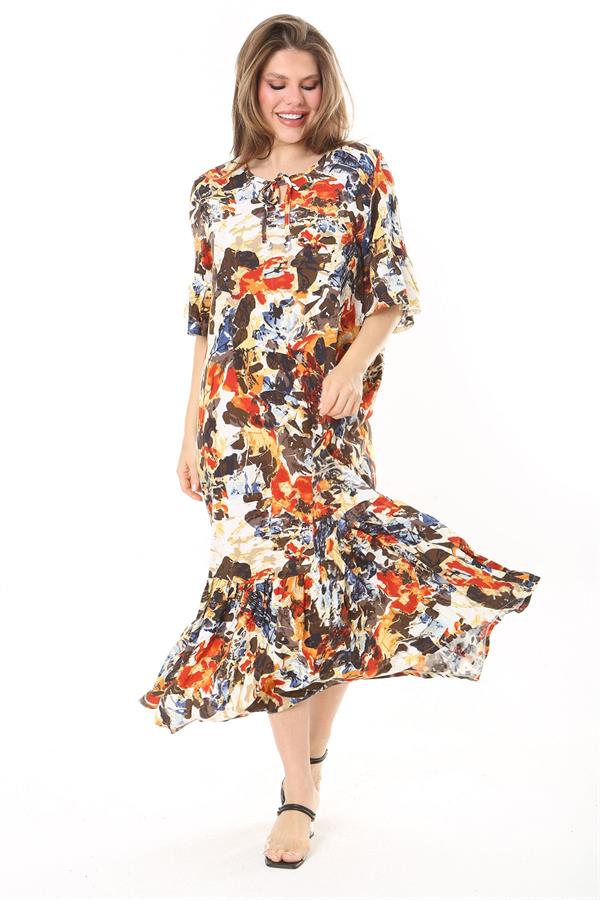 Kadın Büyük Beden Mavi Dokuma Viskon Kumaş Eteği Katlı Kısa Kollu Elbise 65N37868