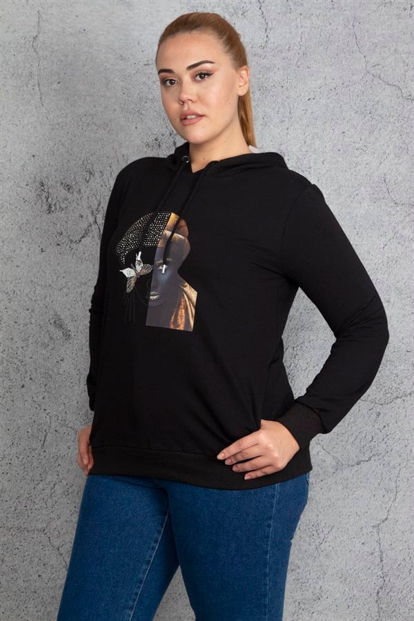 Kadın Siyah Ön Baskı Ve Taş Detaylı Kapşonlu Sweatshirt 65N18832