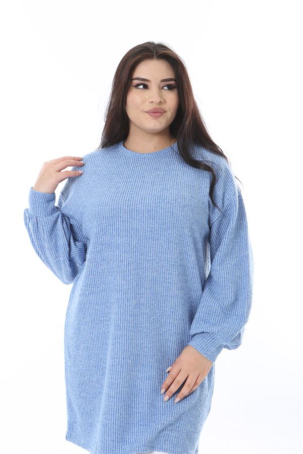 Kadın Büyük Beden Mavi Kendinden Çizgili Uzun Tunik 65N38532