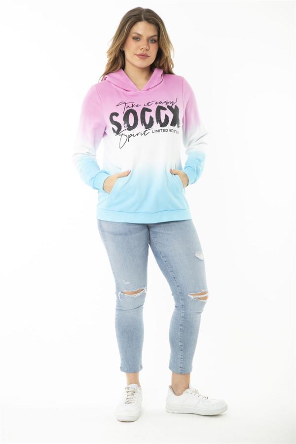 Kadın Büyük Beden Renkli İki İplik Sim Ve Ön Baskı Detaylı Kapşonlu Sweatshirt 65N37162