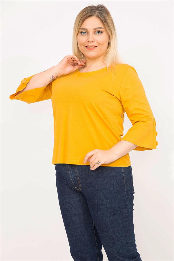 Kadın Hardal Büyük Beden Pamuklu Kumaş Kolları Süs Düğmeli Kapri Kollu Bluz 65N35766