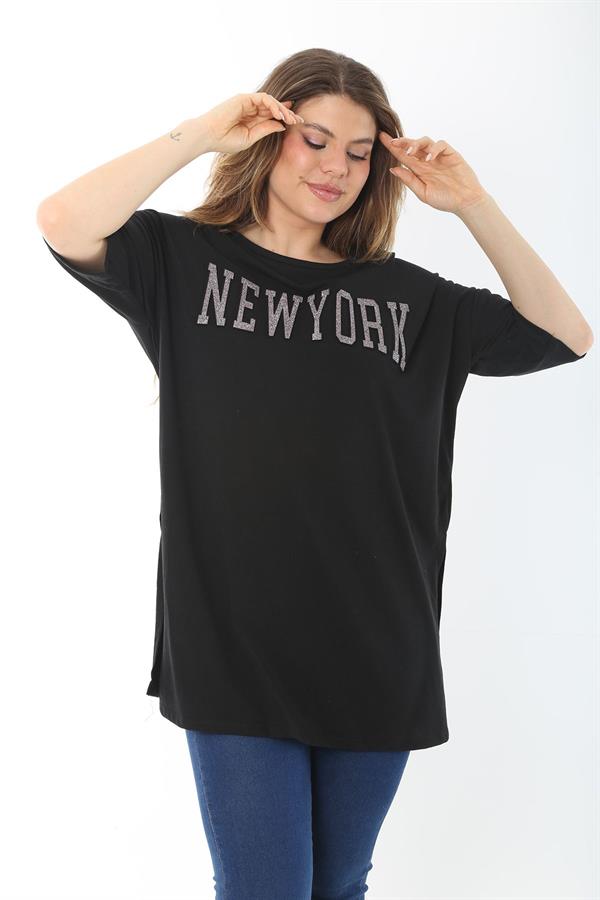 Kadın Büyük Beden Siyah Taş Ve Sim Detaylı Yan Yırtmaçlı Bluz 65N37466