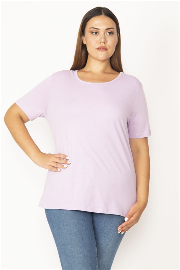 Kadın Lila Pamuklu Kumaş Bisiklet Yakalı Kısa Kollu Bluz 65N29545