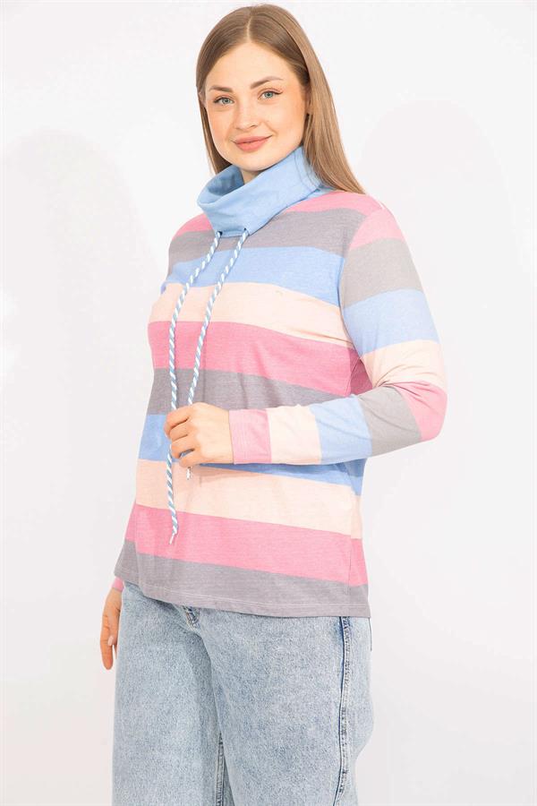 Kadın Renkli Büyük Beden Pamuklu Kumaş Yaka Detaylı Renkli Bluz 65N35558