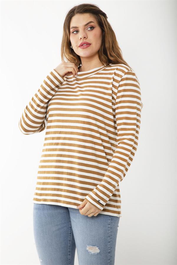 Kadın Büyük Beden Sütlükahve Uzun Kollu Çizgili Bluz 65N37217
