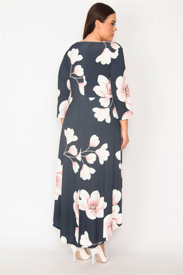 ROBE FEMME BLEU MARINE À COL CACHÉ ET DOS LONG