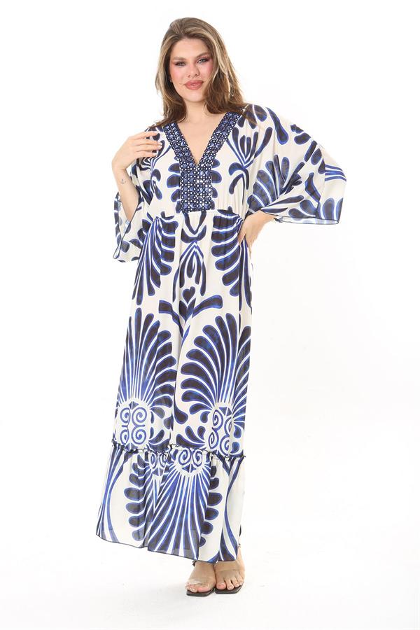 Kadın Büyük Beden Mavi Yakası Taş Detaylı Etek Ucu Katlı Krep Elbise 65N37907