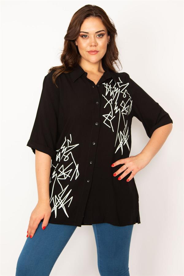 Kadın Mor Ön Düğmeli Baskı Detaylı Dokuma Viskon Kumaş Gömlek 65N33535