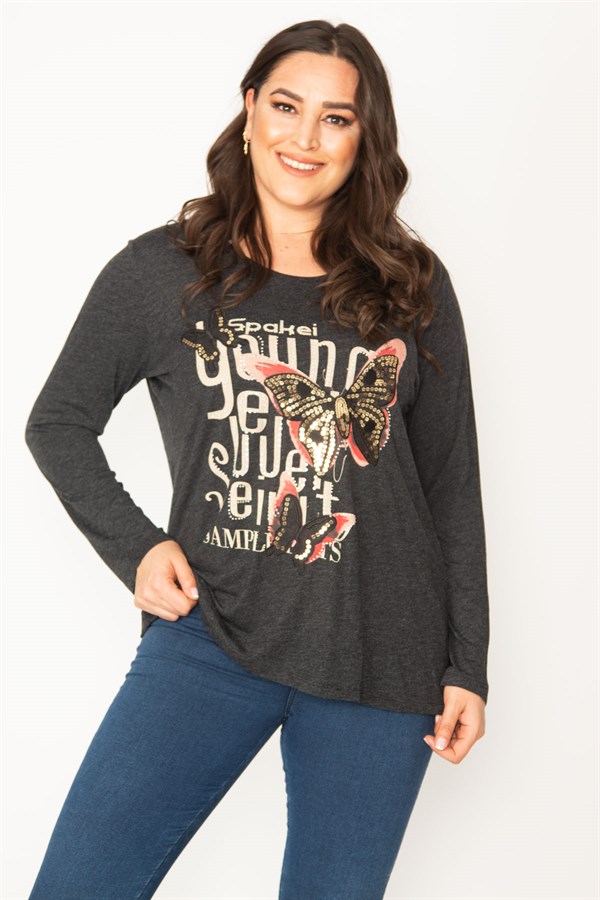 KADIN FÜME BASKI DETAYLI TAŞ İŞLİ KELEBEK FİGÜRLÜ BİSİKLET YAKA TUNİK