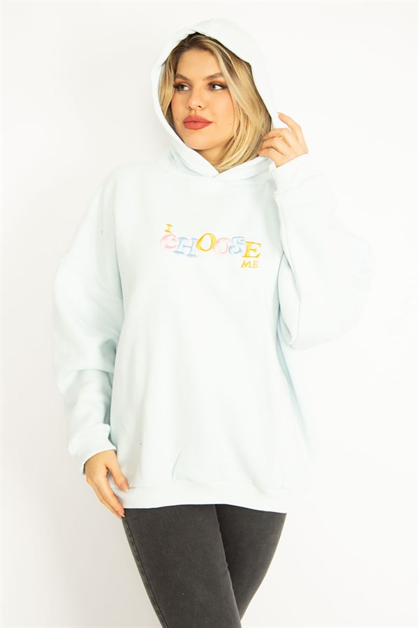 Women's Blue 3-Thread Polar Fleece Embroidery Detailed Hooded Sweatshirt 65N35078