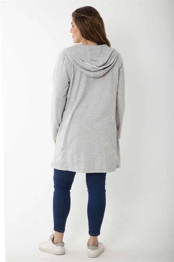 Kadın Büyük Beden Gri Kup Ve Vep Detaylı Kapşonlu Hırka 65N37183