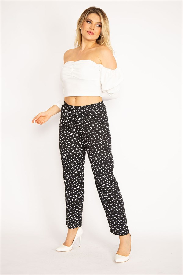 Kadın Siyah Beli Lastikli Çiçek Desenli Cepli Pantolon 65N34677