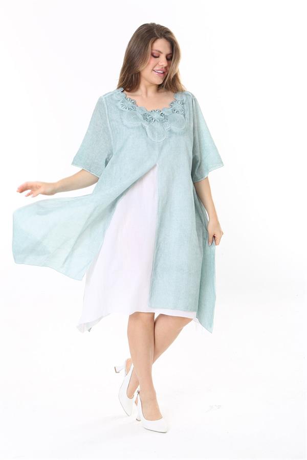 Kadın Büyük Beden Yeşil Yaka Dantelli İki Parça Elbise 65N37784