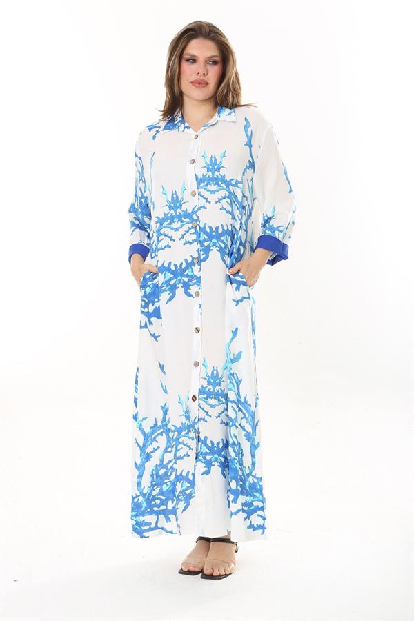 Kadın Büyük Beden Mavi Ön Boy Düğmeli Gömlek Yakalı Uzun Elbise 65N37875