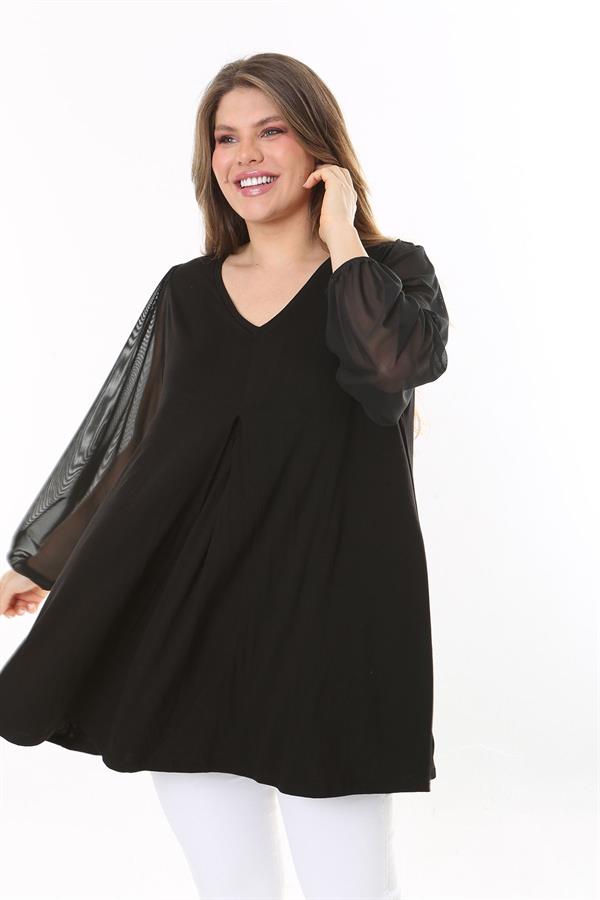 Kadın Büyük Beden Siyah Kolları Tül Önü A Pileli Tunik 65N37784
