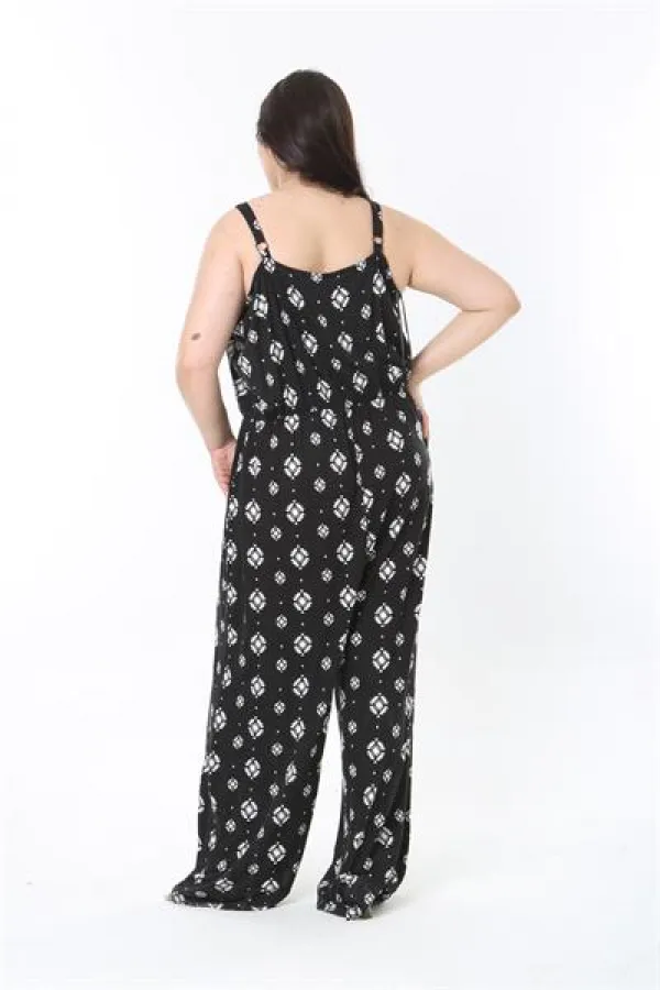 Kadın Büyük Beden Siyah Askılı Geniş Paçalı Beli Lastikli Rahat Kesim Tulum 65N38852