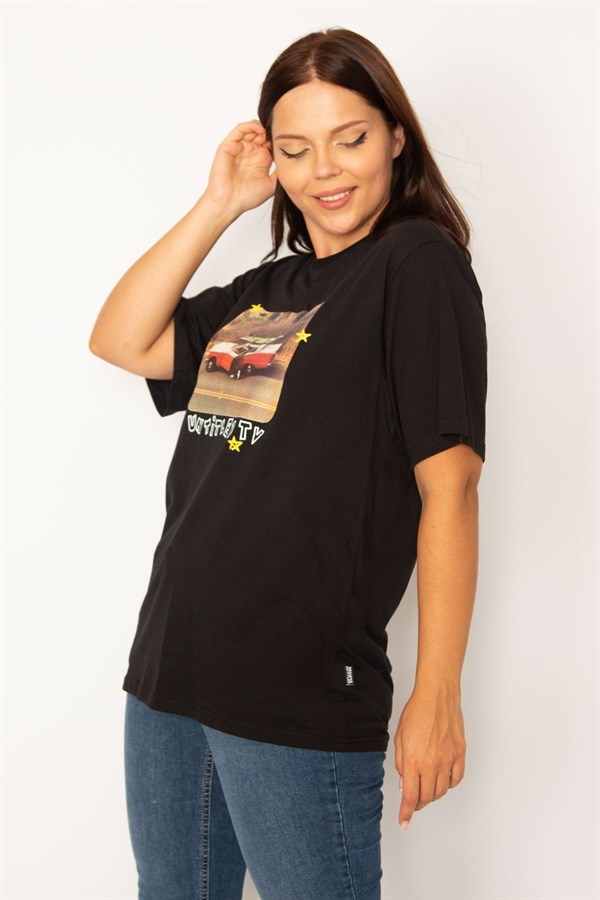 Kadın Siyah Pamuklu Kumaş Dijital Baskılı Bluz 65N34568