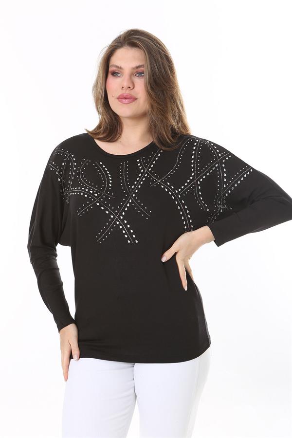 Kadın Büyük Beden Siyah Taş Detaylı Yarasa Kol Bluz 65N37804