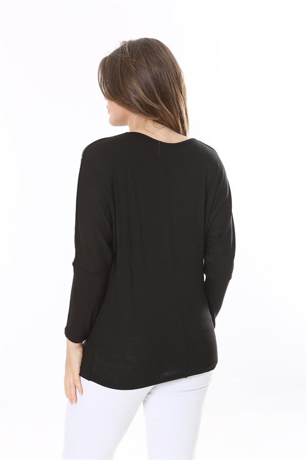 Kadın Büyük Beden Siyah Taş Detaylı Yarasa Kol Bluz 65N37804