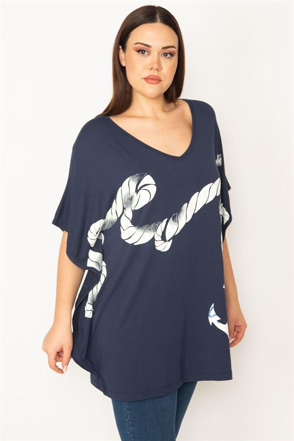 Kadın Büyük Beden Haki Renk Kombinli Uzun Kollu Tunik