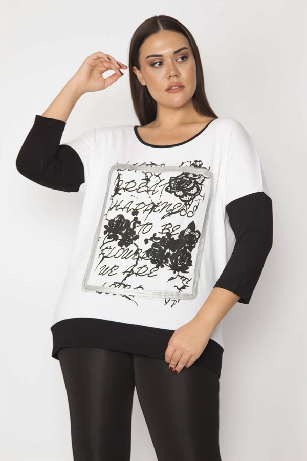 Kadın Beyaz Önü Baskı Ve Taş Detaylı İki Renkli Tunik 65N29337