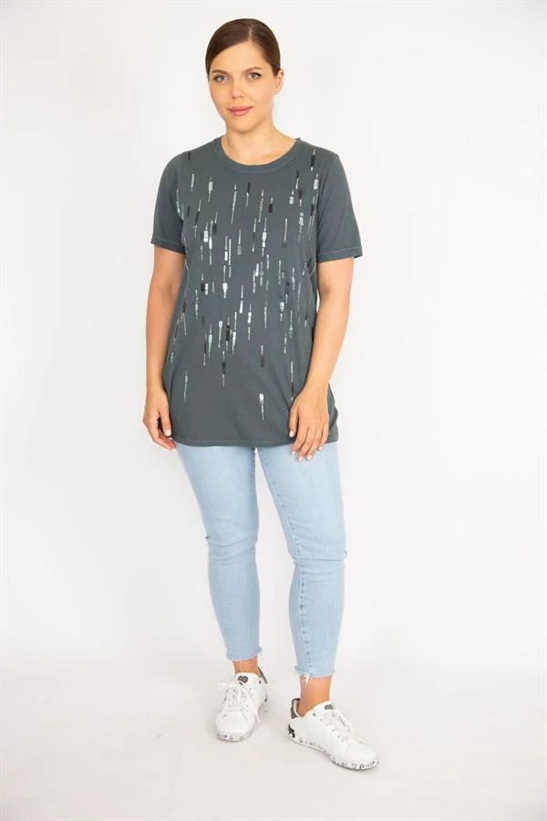 Kadın Büyük Beden Bebe Mavisi Payet Ve Taş İşli Bisiklet Yakalı Bluz