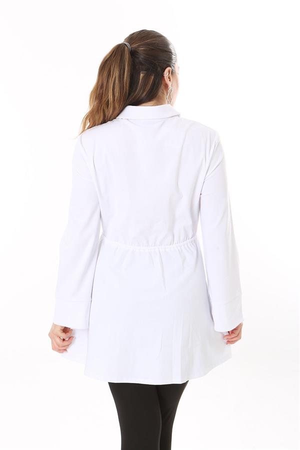 Kadın Büyük Beden Beyaz Ön Düğmeli Beli Tünel Bağcıklı Likralı Tunik Elbise 65N37700
