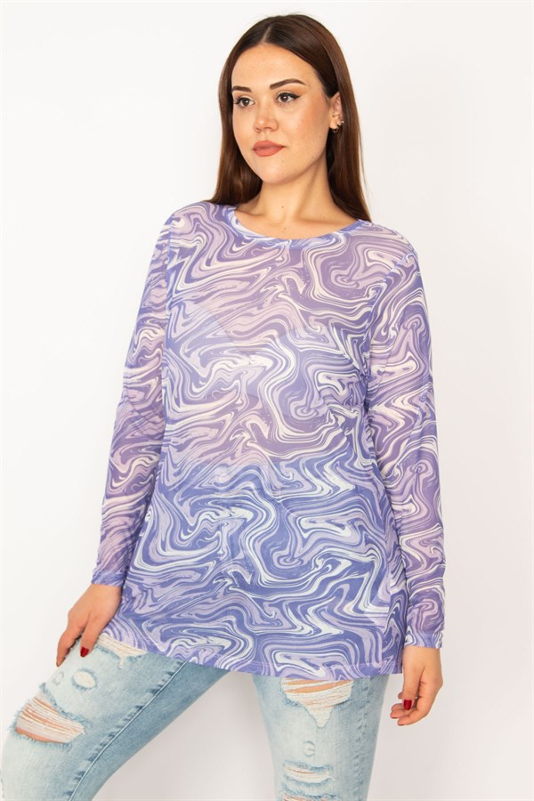 Kadın Lila Likralı Tül Bluz 65N33269