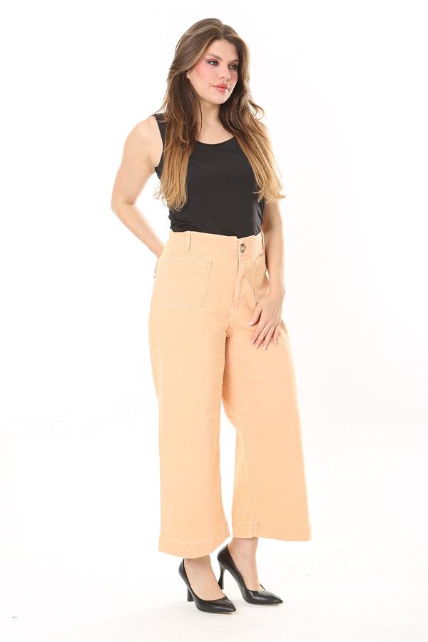 Kadın Büyük Beden Oranj Geniş Paçalı 4 Cepli Likralı Yüksek Bel Kot Pantolon 65N37920