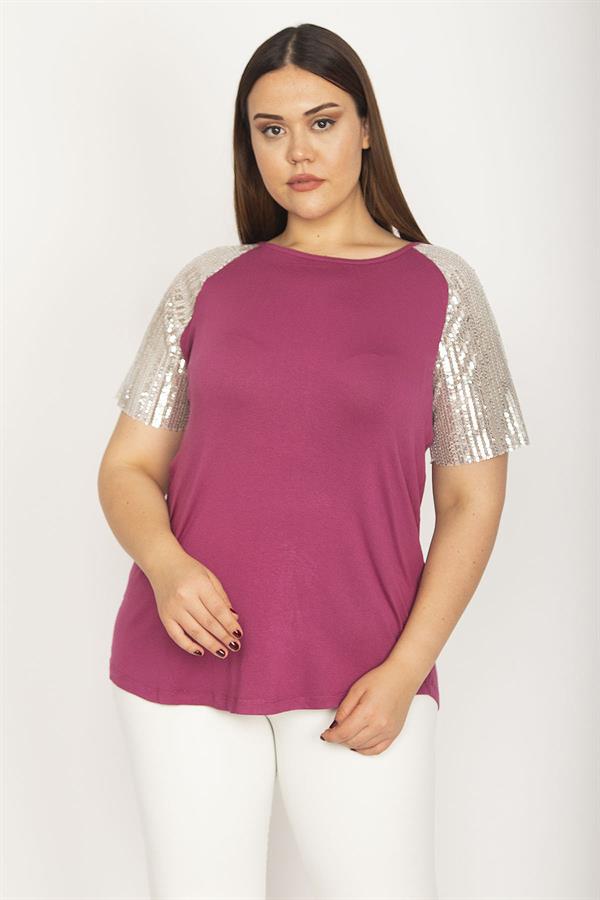 Kadın Büyük Beden Mor Kolları Payet Detaylı Bisiklet Yakalı Bluz 65N36882
