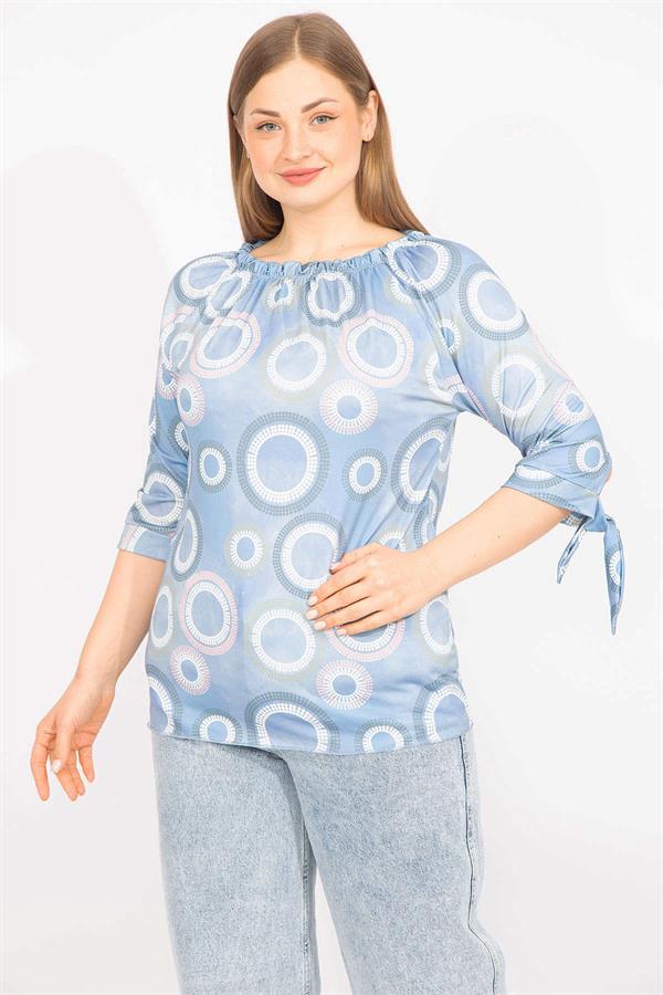 Kadın Mavi Büyük Beden Yaka Lastikli Kol Bağcıklı Bluz 65N35665