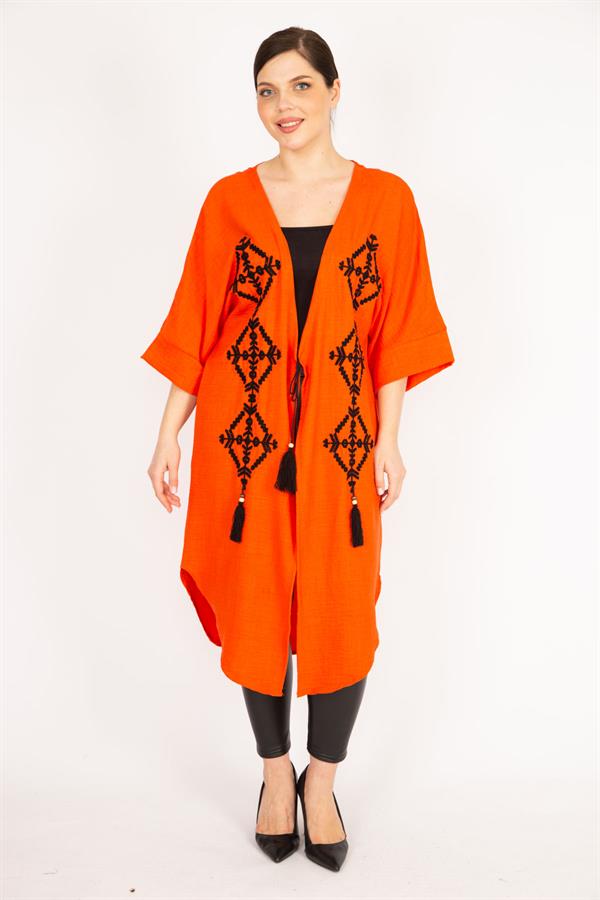 Women's Orange Plus Size Embroidered Detailed Cape