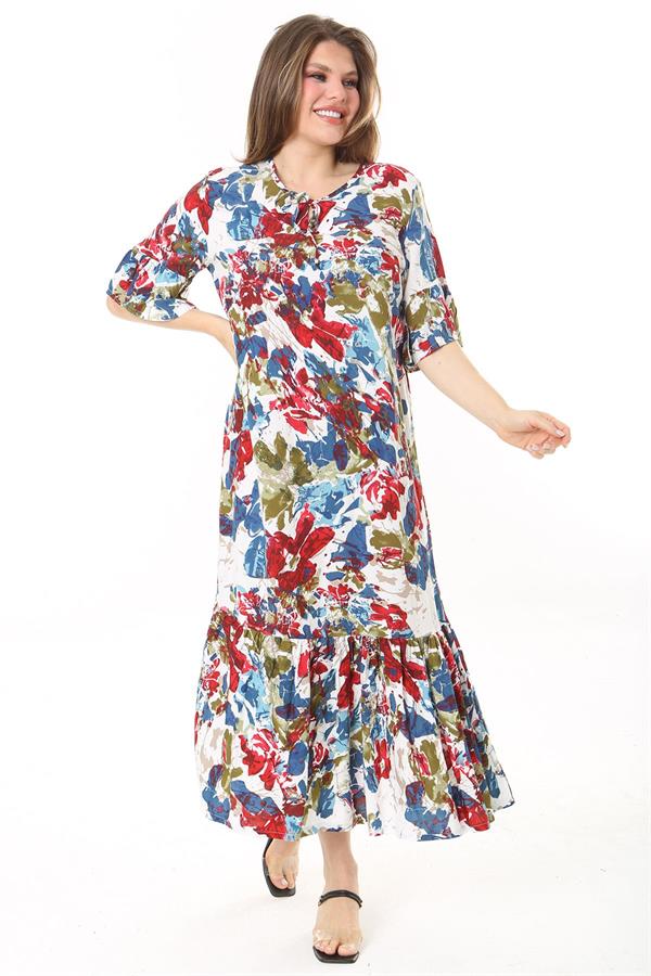 Kadın Büyük Beden Mavi Dokuma Viskon Kumaş Eteği Katlı Kısa Kollu Elbise 65N37868