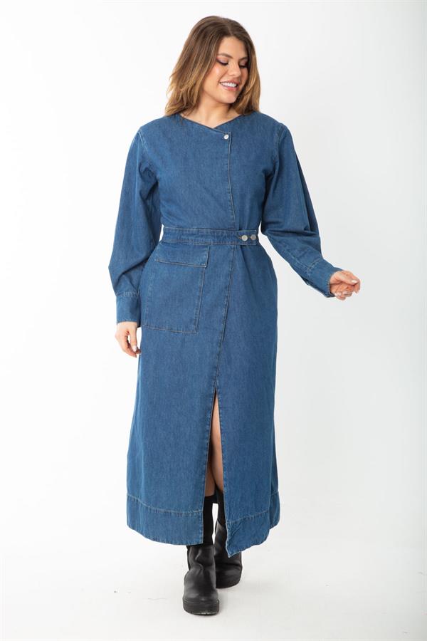 Kadın Lacivert Metal Düğmeli Anvelop Kot Elbise 65N37381