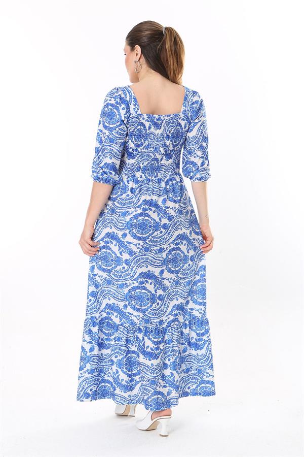 Kadın Büyük Beden Mavi Göğüs Kısmı Gipe Lastikli Etek Ucu Katlı Uzun Elbise 65N37737